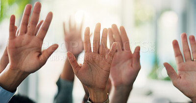 Buy stock photo Business people, hands and raised in meeting for question, vote and office survey. Company, employees and palm gesture in seminar for sign up, poll and group attendance in professional workplace