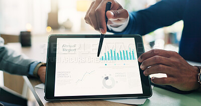Buy stock photo Business person, hands and tablet screen with statistics for company performance or revenue at office. Closeup, technology and display with graph or charts for data, financial growth or annual report