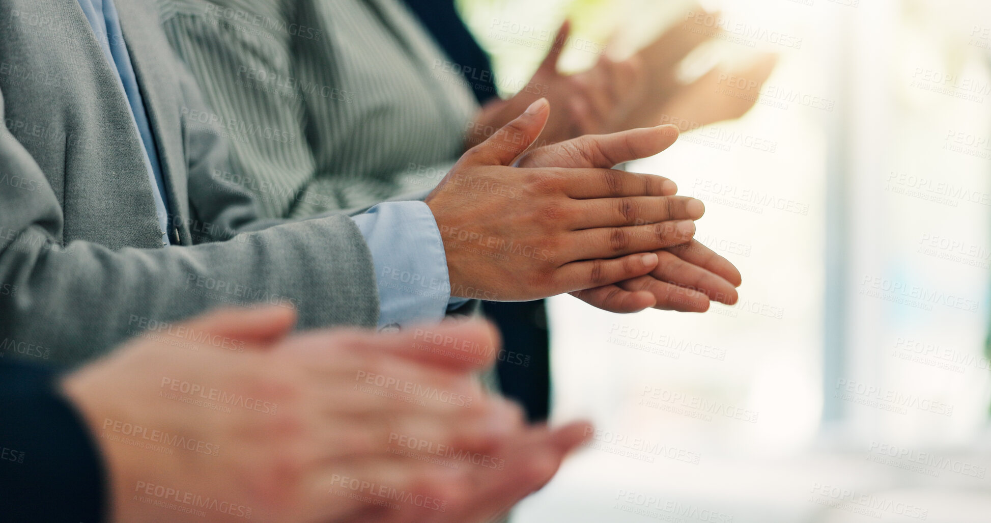 Buy stock photo Applause, celebration and business people in office with achievement, goal or success. Collaboration, teamwork and group of financial advisors with clapping hands for target, praise or cheering.
