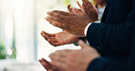 Clapping hands, celebration and business people in office with goal, achievement or success. Collaboration, teamwork and group of financial advisors with applause for target, solidarity or unity.