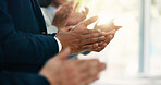 Clapping hands, teamwork and business people in office with goal, achievement or success. Collaboration, celebration and group of financial advisors with applause for target, solidarity or unity.