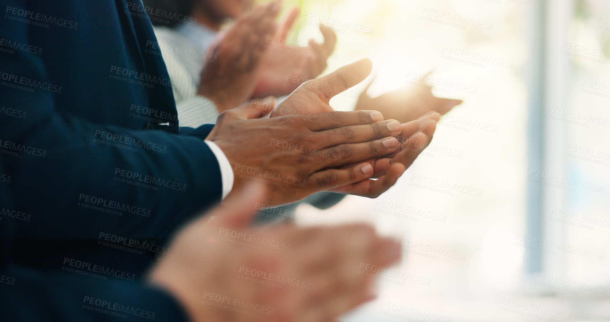Buy stock photo Clapping hands, teamwork and business people in office with goal, achievement or success. Collaboration, celebration and group of financial advisors with applause for target, solidarity or unity.