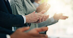Applause, celebration and business people in office with goal, achievement or success. Collaboration, teamwork and group of financial advisors with clapping hands for target, solidarity or unity.