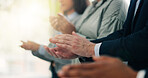 Clapping hands, collaboration and business people in office with goal, achievement or success. Celebration, teamwork and group of financial advisors with applause for target, solidarity or unity.