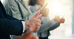 Thumbs up, hands and business people in office with agreement, ok or satisfaction for goal. Collaboration, success and team of financial managers with approval emoji for target achievement together.