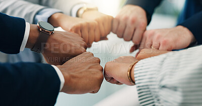 Buy stock photo Office, team and circle of people with hands together in solidarity, collaboration or support. Synergy, employee engagement or startup business collective with motivation, development or trust huddle
