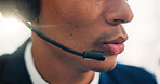 Headset, talking and mouth of man in callcenter for online consultation for customer service. Audio tech, closeup and male consultant with tech support call with mic for assistance in office.