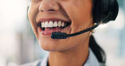Buy stock photo Headset, happy and mouth of woman in callcenter for online consultation for customer service. Contact us, closeup and female consultant with tech support call with mic for assistance in office.