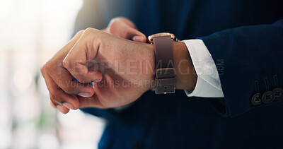 Buy stock photo Hands, business and man with watch, check time and productivity for meeting schedule. Closeup, person and employee in office, clock and responsibility with workflow, morning reminder and alarm
