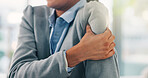 Hands, business and person with arm pain in office for shoulder dislocation, muscle sprain and fracture. Woman, medical injury or accident mistake of inflammation, fibromyalgia and swelling of joints