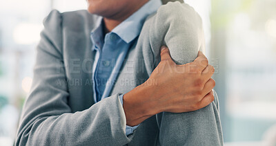 Buy stock photo Hands, business and person with arm pain in office for shoulder dislocation, muscle sprain and fracture. Woman, medical injury or accident mistake of inflammation, fibromyalgia and swelling of joints