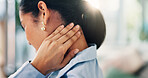 Hands, business and woman with neck pain in office of bad posture, muscle sprain and spine fracture. Person, medical injury and accident mistake with inflammation, fibromyalgia and swelling of joints
