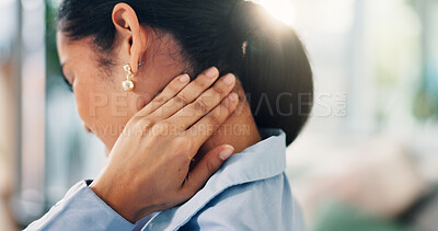 Buy stock photo Hands, business and woman with neck pain in office of bad posture, muscle sprain and spine fracture. Person, medical injury and accident mistake with inflammation, fibromyalgia and swelling of joints