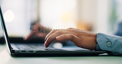 Buy stock photo Laptop, hands and businessperson in office for research with finance report for planning budget. Keyboard, computer and closeup of financial manager with online investment for company in workplace.