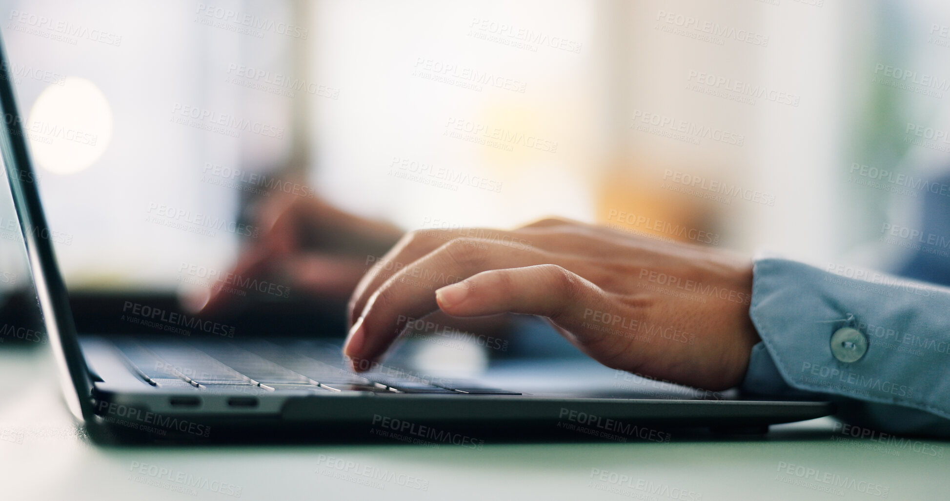 Buy stock photo Laptop, hands and businessperson in office for research with finance report for planning budget. Keyboard, computer and closeup of financial manager with online investment for company in workplace.