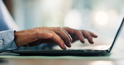 Buy stock photo Laptop, hands and businessperson in office typing for research with finance report for planning budget. Keyboard, corporate and closeup of financial manager with online investment for company.