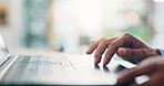 Laptop, hands and businessperson in office with keyboard for research with finance report for planning budget. Touchpad, scroll and closeup of financial manager with online investment for company.