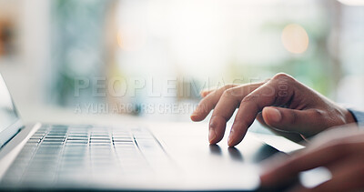 Buy stock photo Laptop, hands and businessperson in office with keyboard for research with finance report for planning budget. Touchpad, scroll and closeup of financial manager with online investment for company.