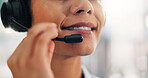 Headset, talking and mouth of woman in callcenter for online consultation for customer service. Audio tech, closeup and female consultant with tech support call with mic for assistance in office.