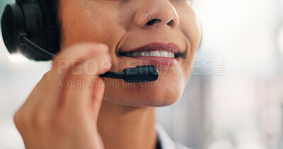 Buy stock photo Headset, talking and mouth of woman in callcenter for online consultation for customer service. Audio, smile closeup and female consultant with tech support call with mic for assistance in office.