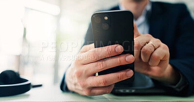 Buy stock photo Hands, businessman and scroll with phone in office for communication, schedule update and finance report. Person, mobile app and budget management, email feedback and financial account of investment 