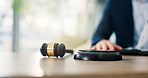 Hammer, man and judge for law in courtroom for attention, maintain order and authority of decision. Gavel, person and legal process for justice service, hearing system and verdict for trial procedure
