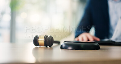Buy stock photo Hammer, man and judge for law in courtroom for attention, maintain order and authority of decision. Gavel, person and legal process for justice service, hearing system and verdict for trial procedure