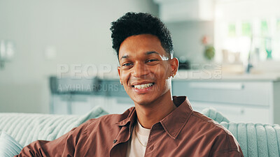 Buy stock photo Portrait, smile and man relax in apartment for peace, calm and break on weekend in lounge. Sofa, confident and happy male person in living room for comfort, resting and chilling in home in Brazil