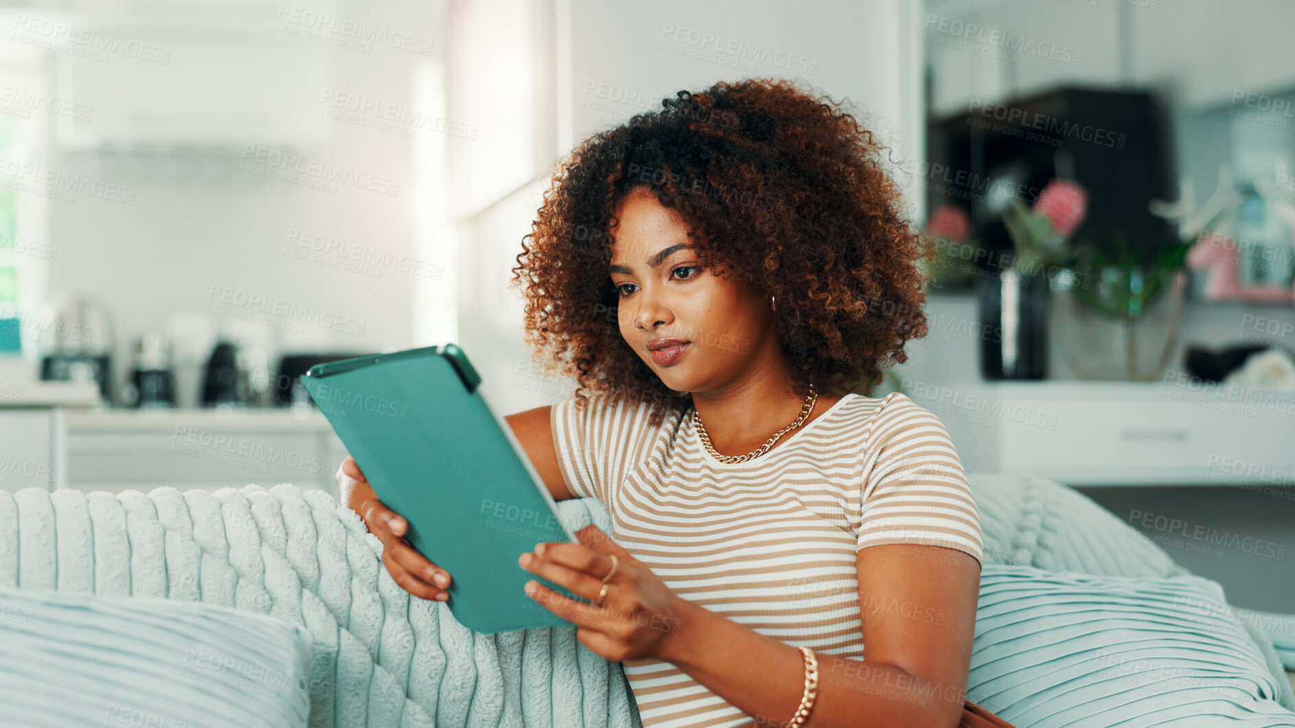 Buy stock photo Relax, tablet and reading with woman on sofa for social media, online update and communication. Connection, scroll and networking app with person in living room at home for post, typing and contact