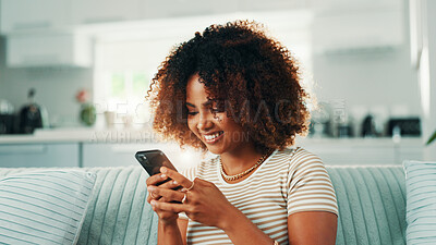 Buy stock photo Dating app, smile or woman texting with phone in home on social media application and subscription. Reading news, search or happy person with mobile message on sofa for post, chat and online website