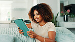 Relax, watching and woman with tablet, lounge and streaming series on app, subscription and home. Break, digital and black person with tech for movies, connection or browsing on social media in house