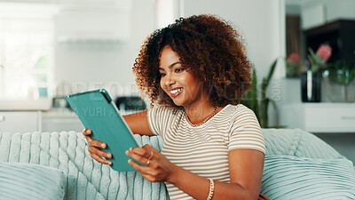 Buy stock photo Relax, watching and woman with tablet, lounge and streaming series on app, subscription and home. Break, digital and black person with tech for movies, connection or browsing on social media in house