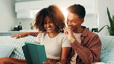 Buy stock photo Tablet, happy and couple on sofa in home with planning romantic vacation, holiday or getaway. Relax, digital technology and man with woman for booking flights for honeymoon trip in apartment.