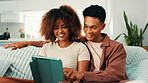 Tablet, relax and couple on sofa in home with planning romantic vacation, holiday or getaway. Happy, digital technology and man with woman for booking flights for honeymoon trip in apartment.