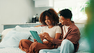 Buy stock photo Tablet, happy and couple on sofa in house with planning romantic vacation, holiday or getaway. Relax, digital technology and man with woman for booking flights for honeymoon trip in apartment.
