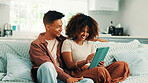 Tablet, excited and couple on sofa in house with planning romantic vacation, holiday or getaway. Happy, digital technology and man with woman for booking flights for honeymoon trip in apartment.