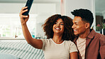 Love, relax and selfie with couple on sofa in living room of home together for memories. Bonding, photograph and smile with people in apartment for social media or profile picture update on weekend