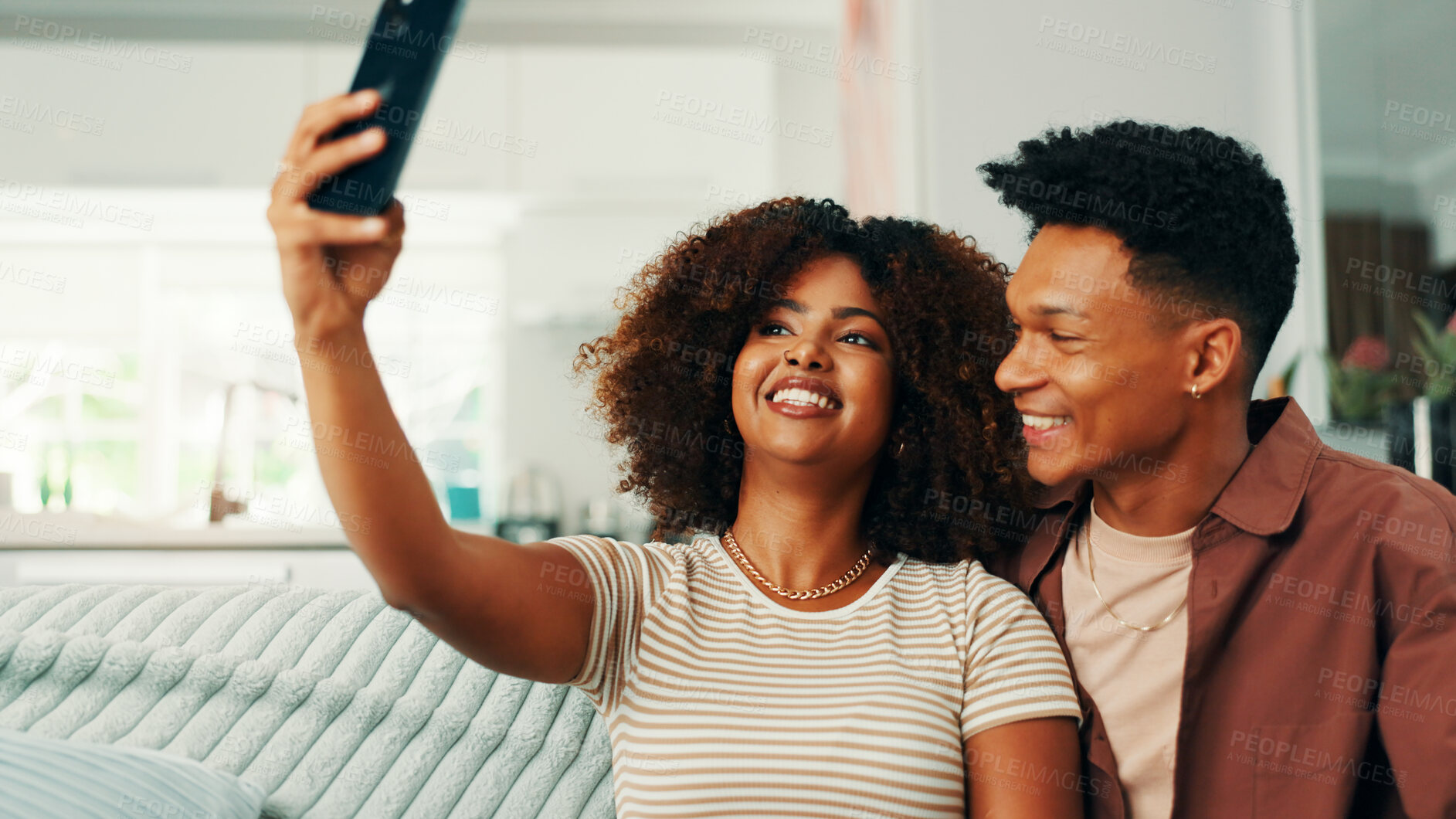 Buy stock photo Love, relax and selfie with couple on sofa in living room of home together for memories. Bonding, photograph and smile with people in apartment for social media or profile picture update on weekend