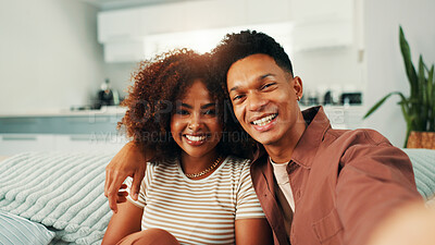 Buy stock photo Face, selfie and smile with couple on sofa in living room of home together for memories. Bonding, love and photograph with POV of people in apartment for social media or profile picture update