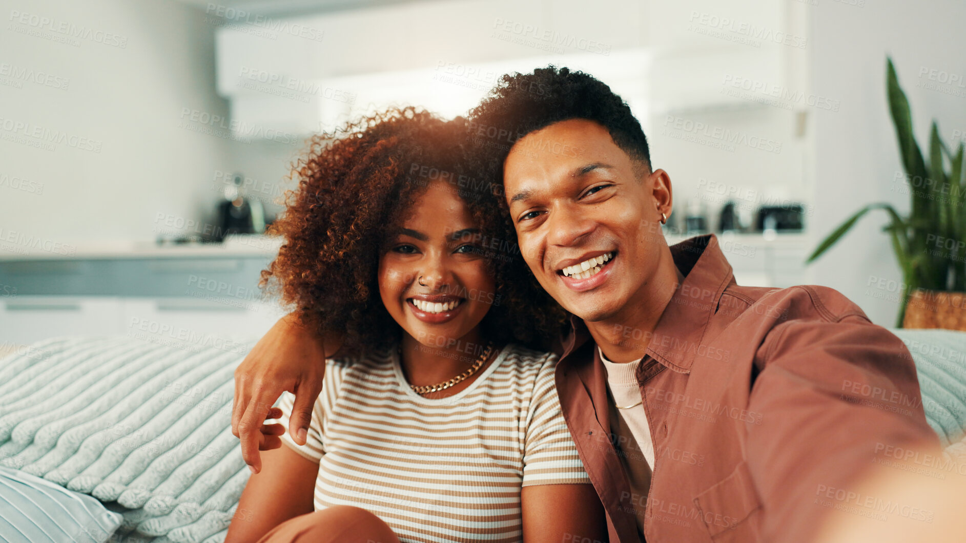 Buy stock photo Face, selfie and smile with couple on sofa in living room of home together for memories. Bonding, love and photograph with POV of people in apartment for social media or profile picture update