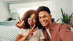 Face, peace sign and selfie with couple on sofa in home together for memories. Bonding, hugging and love with smile of happy people in apartment for photograph, profile picture or social media
