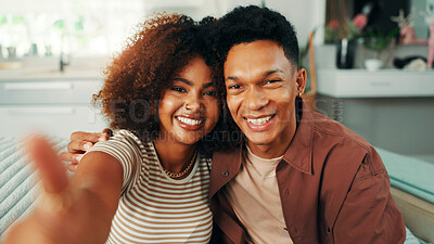 Buy stock photo Face, love and selfie with couple on sofa in living room of home together for memories. Bonding, photograph and smile with happy people in apartment for profile picture or social media update