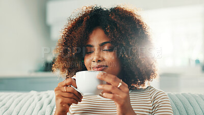 Buy stock photo Break, coffee and relax with woman on sofa in living room of home for time off or weekend wellness. Aroma, morning and rest with quiet person drinking fresh caffeine beverage from cup in apartment