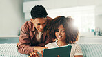 Tablet, couple and communication at home with internet, online ad and browsing marketplace. Man, woman and living room sofa for social media, post or subscription package for entertainment in house