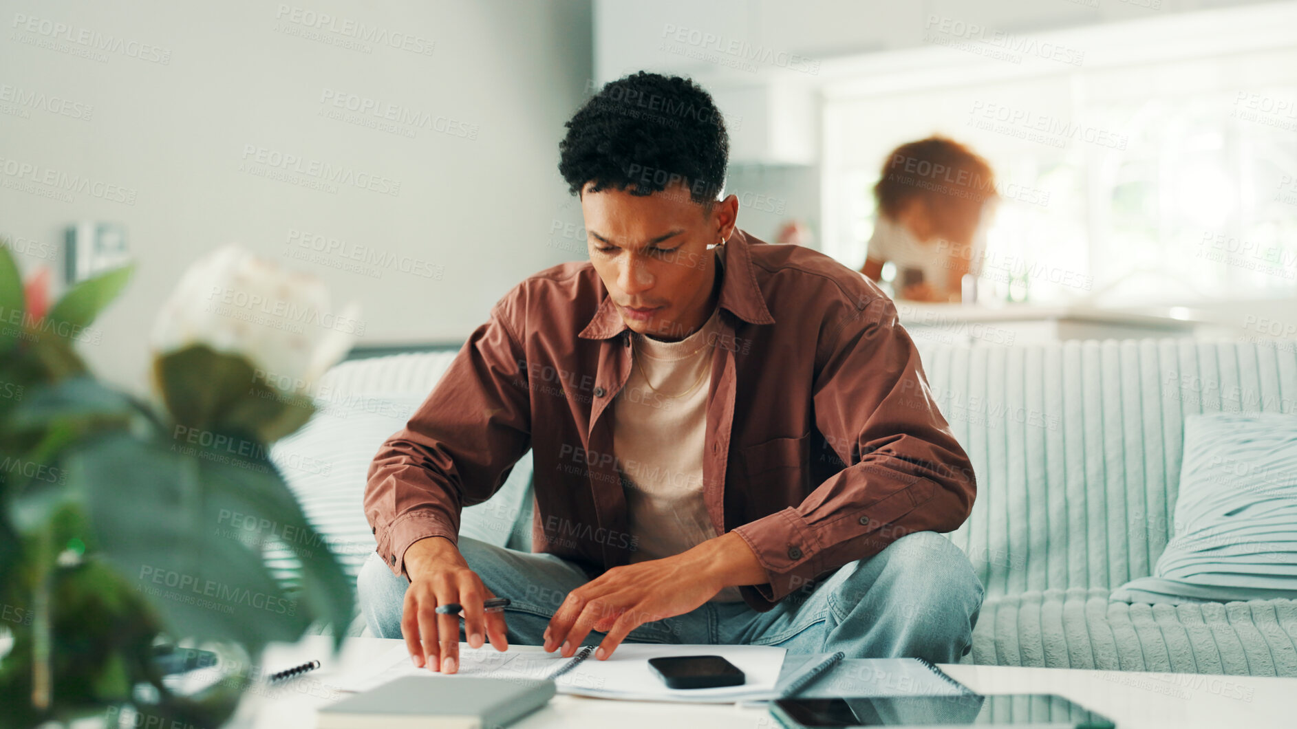 Buy stock photo Freelancer, man and planning with documents on sofa for compliance verification, financial report and budget. Auditor, remote work and invoice papers in home for risk assessment and internal auditing