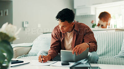 Buy stock photo Budget, home or man writing with notes, diary or income statement for household bills or mortgage. Financial, insurance paperwork or husband planning banking info for investment, report or savings