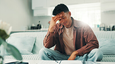 Buy stock photo Home, financial stress or man with paper, finance documents or inflation in household budget. Recession, worry or frustrated person on sofa for mortgage bills, loan and debt with anxiety or headache