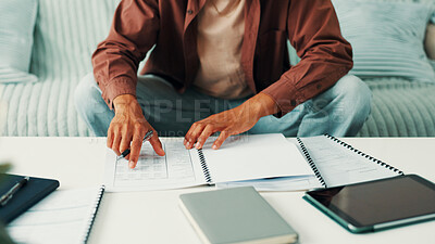 Buy stock photo Budget, home or hands of man with notes, diary or finance statement for household bills or mortgage. Financial paperwork, profit or male person with banking info for investment, report or savings