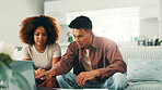Laptop, couple and reading at home with internet, blog advice and credit check. Man, woman and living room sofa for banking, future or serious about finance application for investment in house