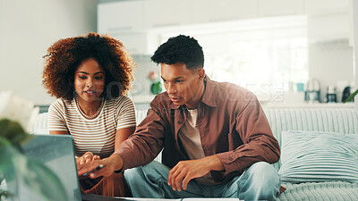 Buy stock photo Laptop, couple and reading at home with internet, blog advice and credit check. Man, woman and living room sofa for banking, future or serious about finance application for investment in house